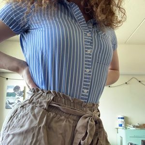Blue/white striped women’s collared button up tee